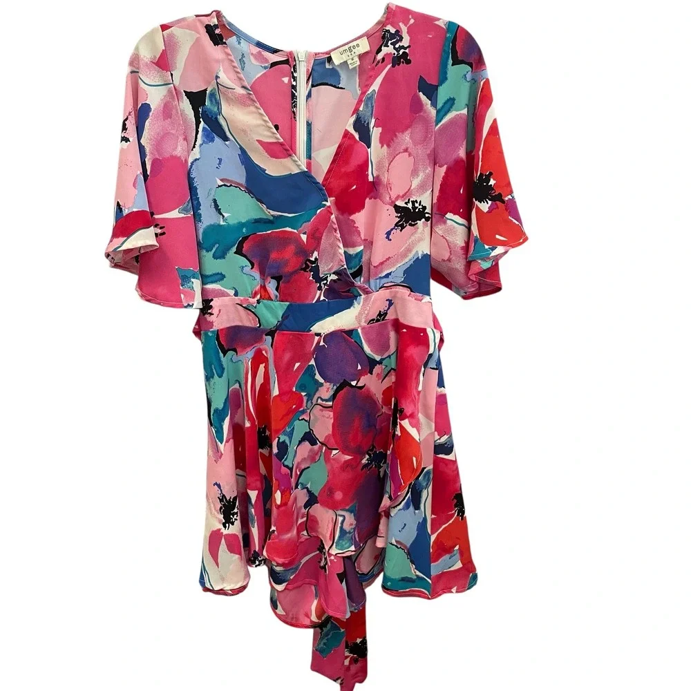 Umgee Floral Print Mini Dress Romper V-Neck Ruffle Short Sleeve Pink‎ Blue M